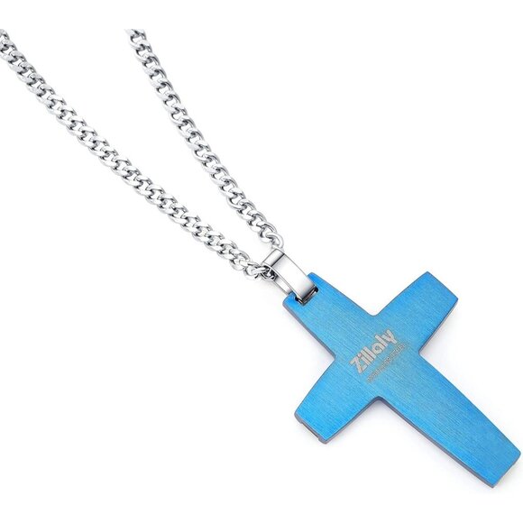Men's Two-Tone Black & Blue Stainless Steel Carbon Fiber Cross Necklace - Picture 5 of 7